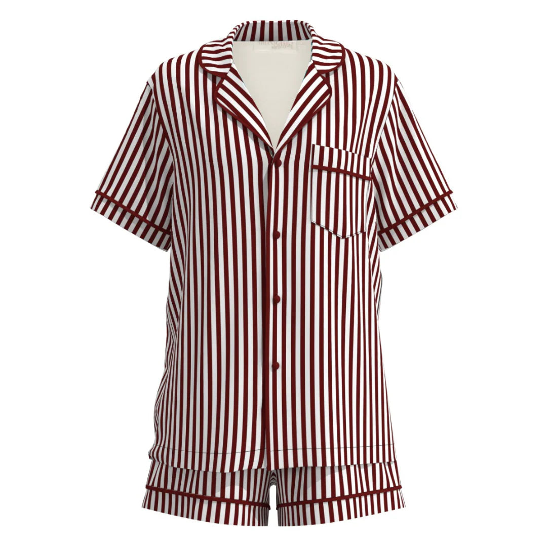Midnight Mischief - Baby & Kids Luxe Satin Personalised Short Sleeve Pyjama Set | Maroon/Pink Stripes