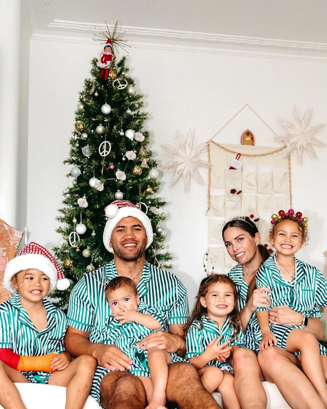 Midnight Mischief - Baby & Kids Luxe Satin Personalised Short Sleeve Pyjama Set | Green/White Stripes