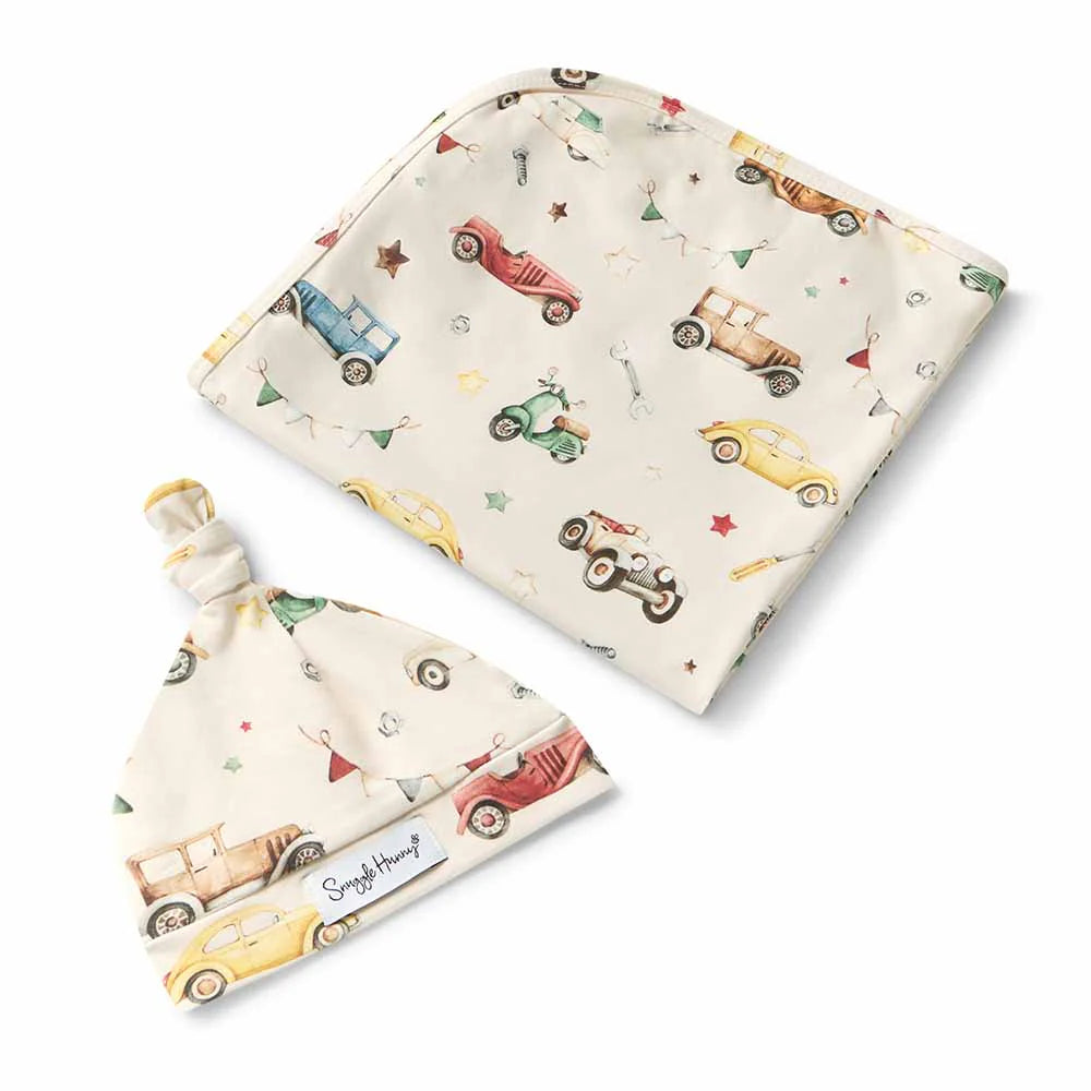 Snuggle Hunny Kids - Organic Baby Jersey Wrap & Beanie Set | Vintage Cars