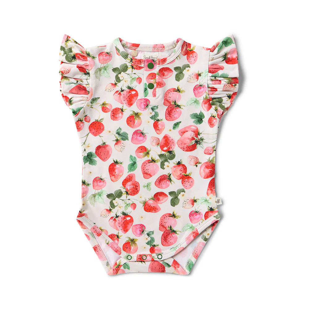 Snuggle Hunny Kids - Short Sleeve Frill Organic Bodysuit | Strawberry