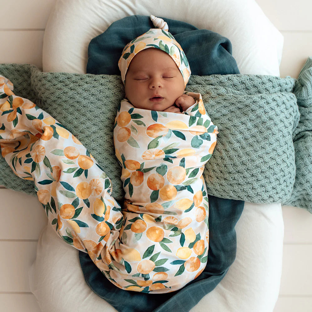 Snuggle Hunny Kids - Organic Baby Jersey Wrap & Beanie Set | Sunny Citrus