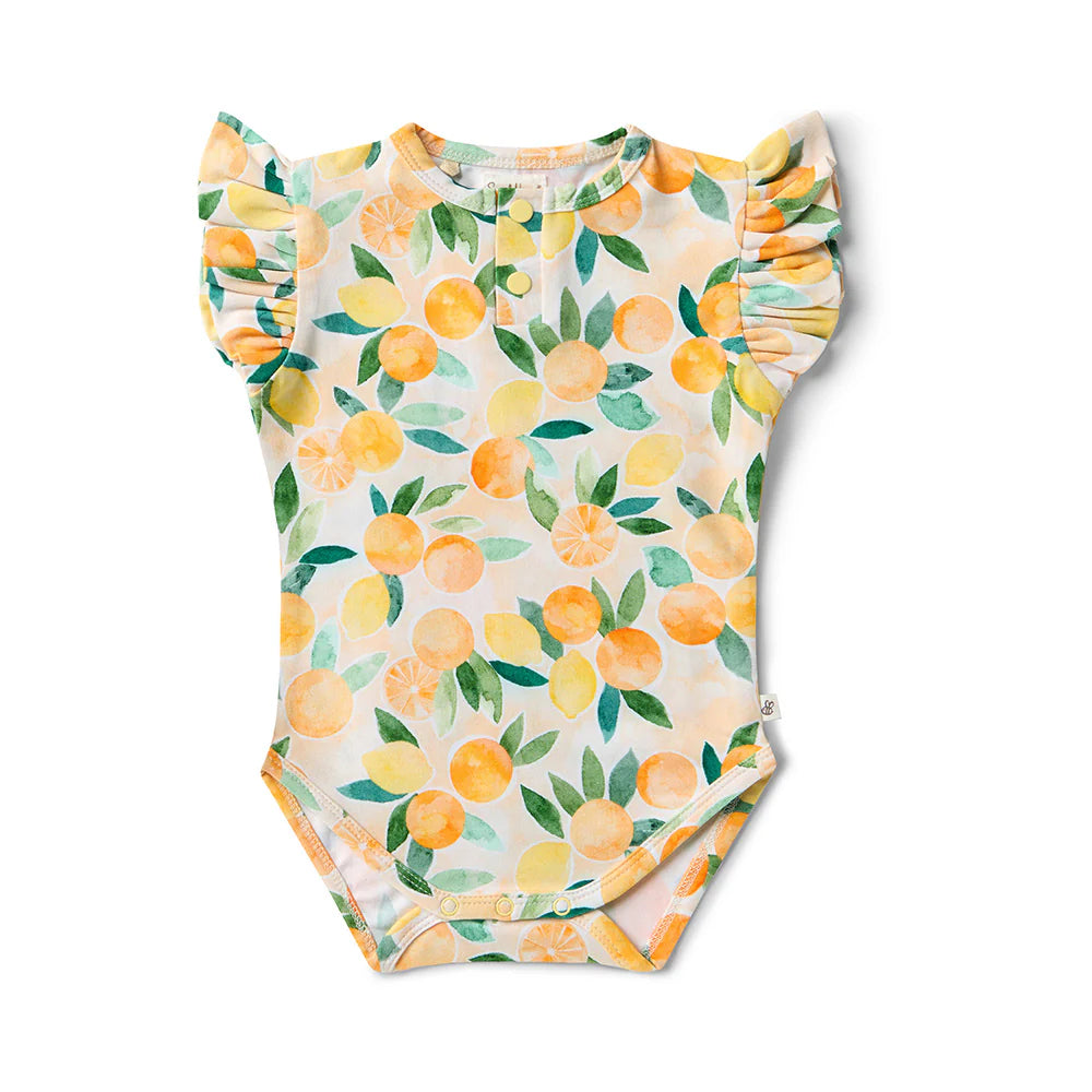 Snuggle Hunny Kids - Short Sleeve Frill Organic Bodysuit | Sunny Citrus