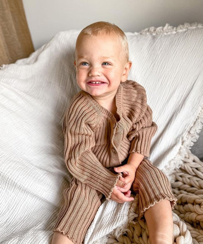 Button Ribbed Onesie | Beige