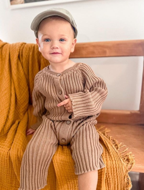Button Ribbed Onesie | Beige