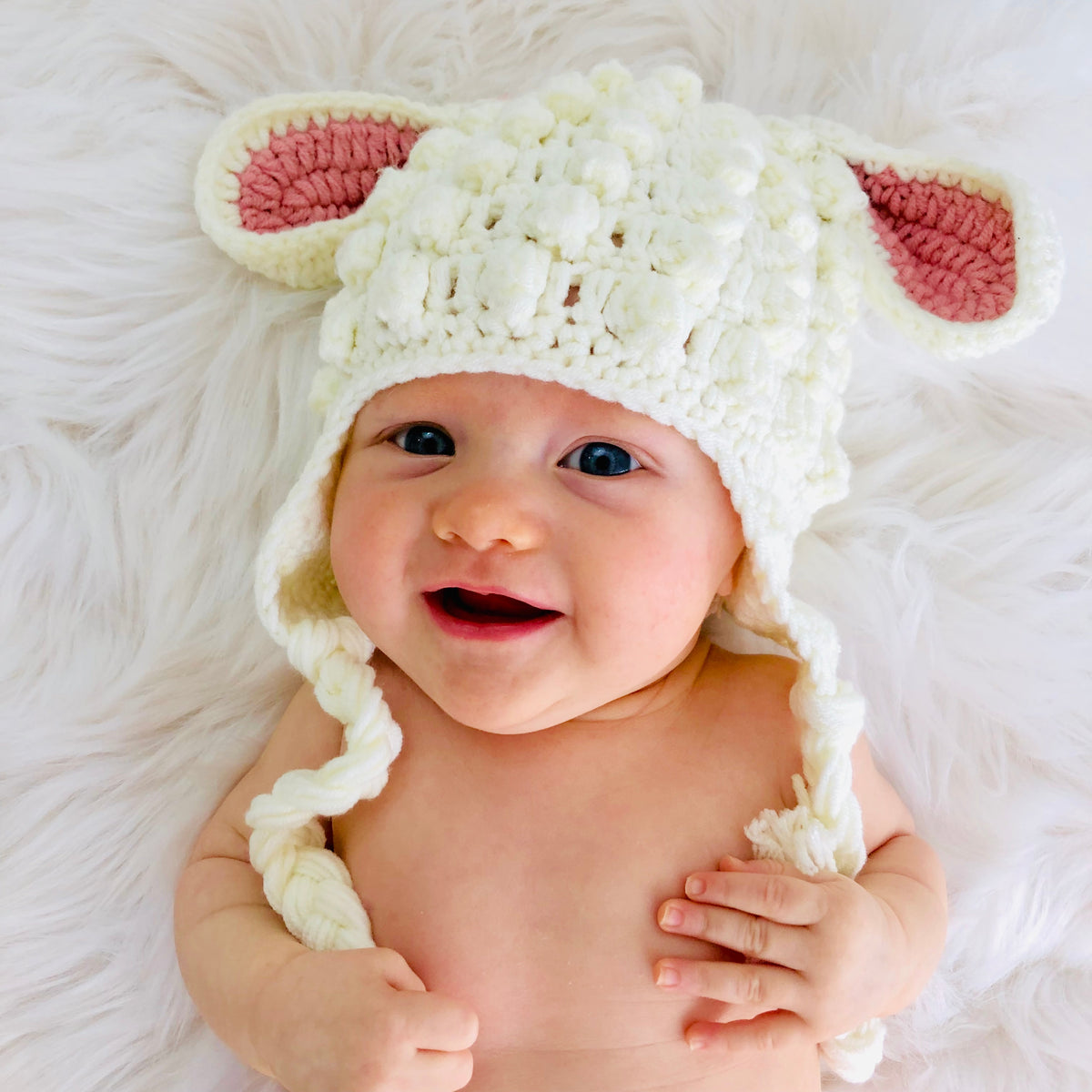 Tinker Tot Baby - Handmade Crochet Beanie – Lamb with Pink Ears