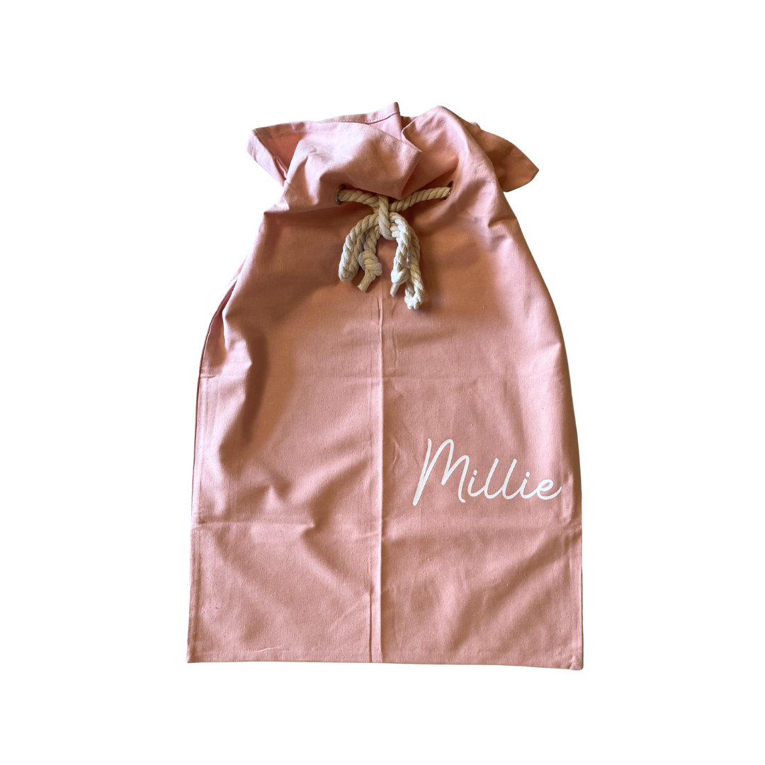 Timber Tinkers - Canvas Santa Sack Pink WITH NAME: MILLIE *CLEARANCE*