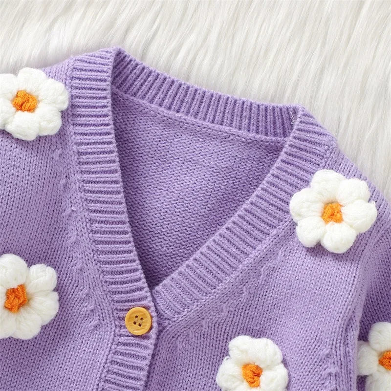 Puff Daisy Knit Cardigan | Purple