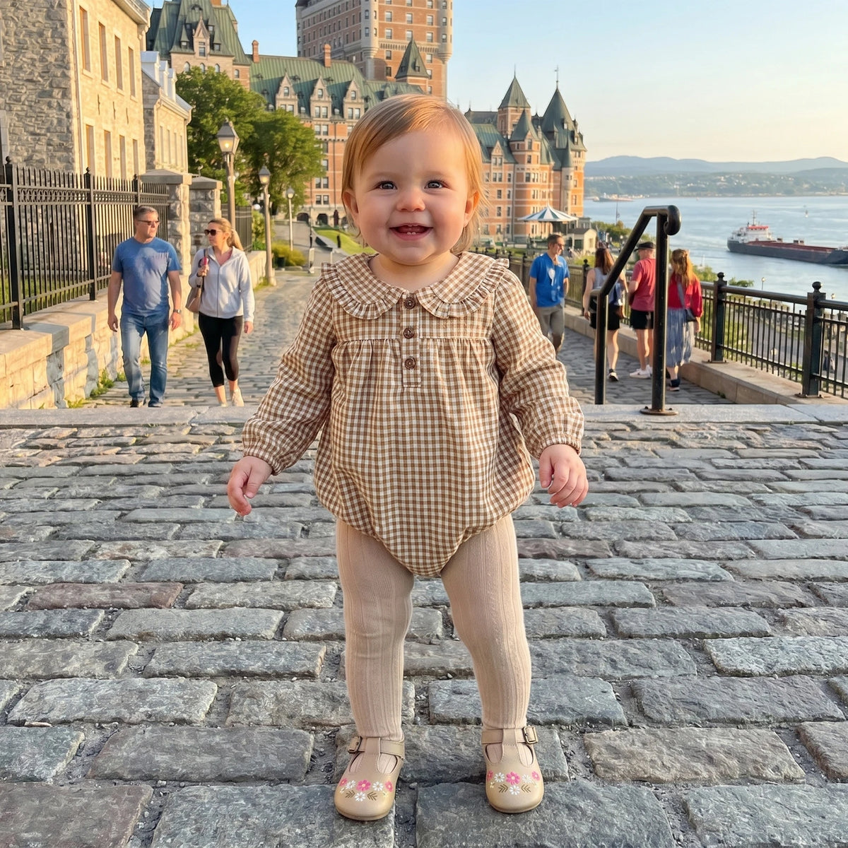 Lottie Gingham Romper | Coffee