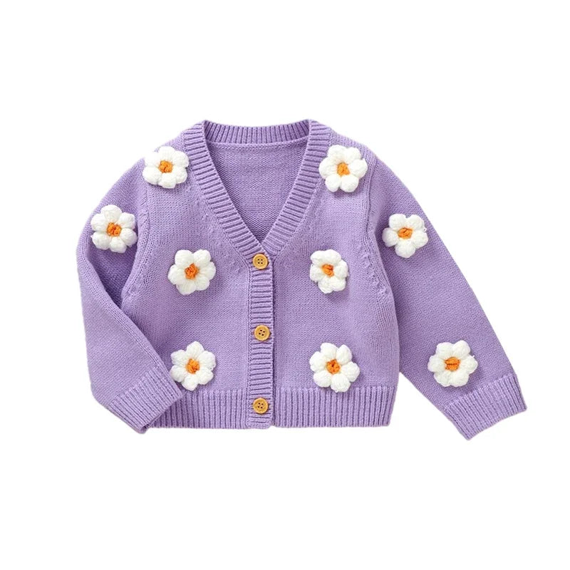 Puff Daisy Knit Cardigan | Purple