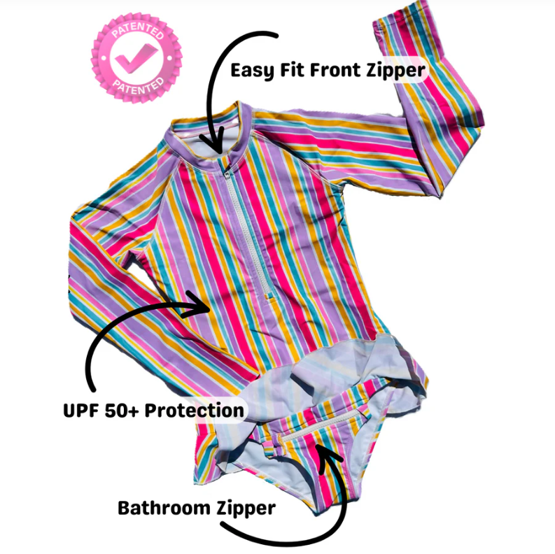 ZipMAE Swimwear - Girls Long Sleeve Swim Suit | Rainbow Rush