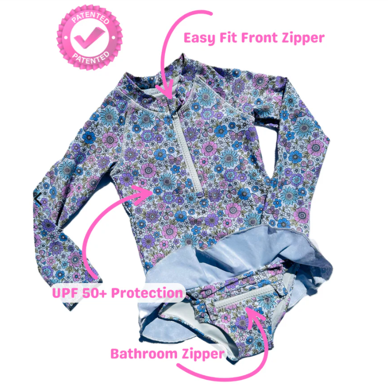 ZipMAE Swimwear - Girls Long Sleeve Swim Suit | Violet Blossom