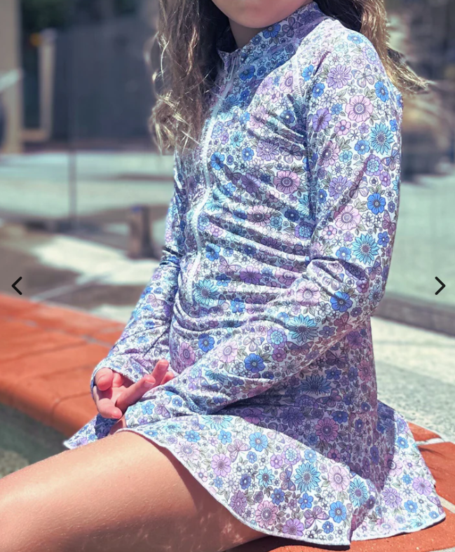 ZipMAE Swimwear - Girls Long Sleeve Swim Suit | Violet Blossom