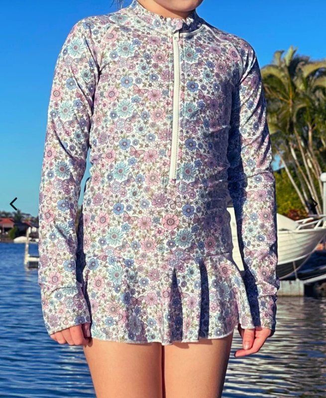 ZipMAE Swimwear - Girls Long Sleeve Swim Suit | Violet Blossom