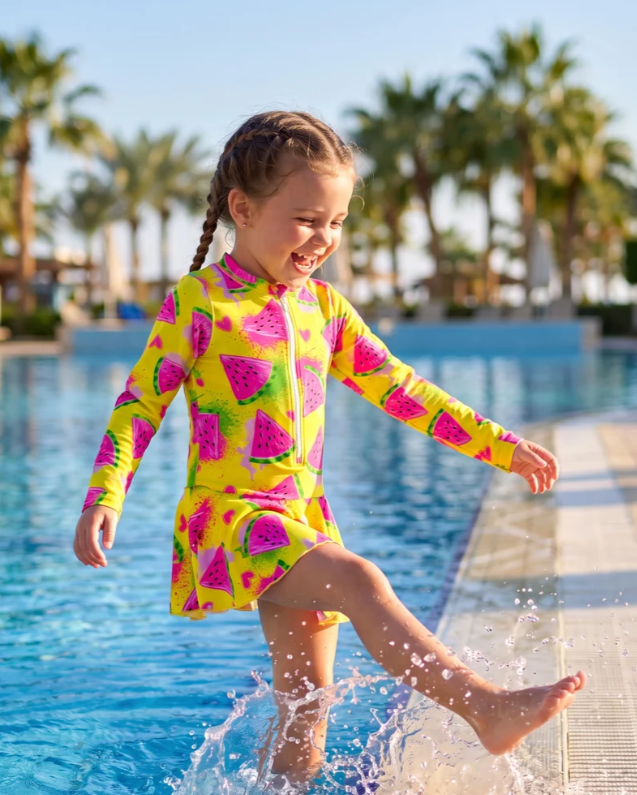 ZipMAE Swimwear - Girls Long Sleeve Swim Suit | Melon Mania