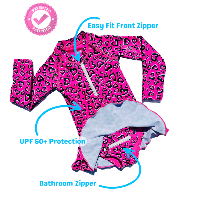 ZipMAE Swimwear - Girls Long Sleeve Swim Suit | Love Splash