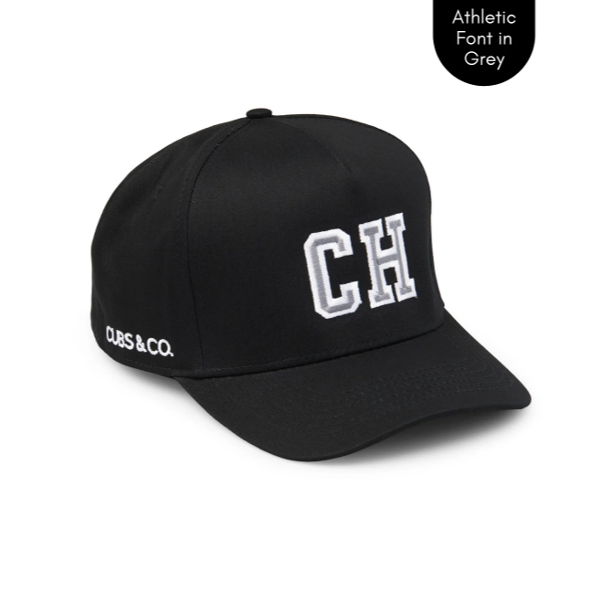 Cubs & Co - PERSONALISED BLACK HAT W/ INITIALS | ATHLETIC FONT VARIOUS COLOURS
