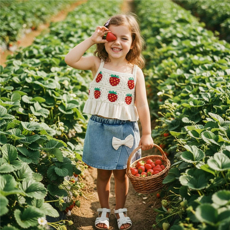Crochet Denim Skort Set | Strawberries & Cream