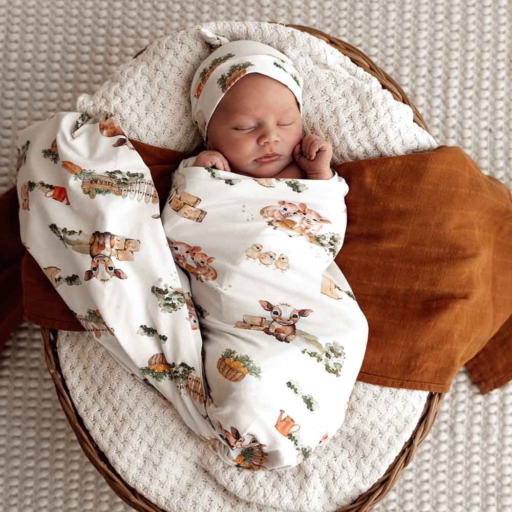Snuggle Hunny Kids - Organic Baby Jersey Wrap & Beanie Set | Farm