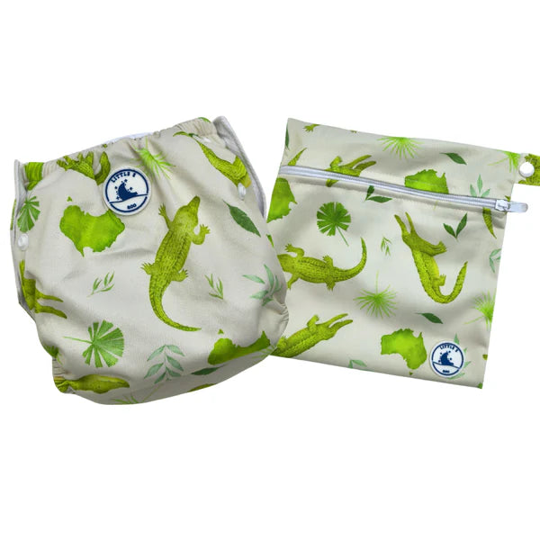 Little E & Co - Reusable Swim Nappy & Mini Wet Bag | Crocodiles