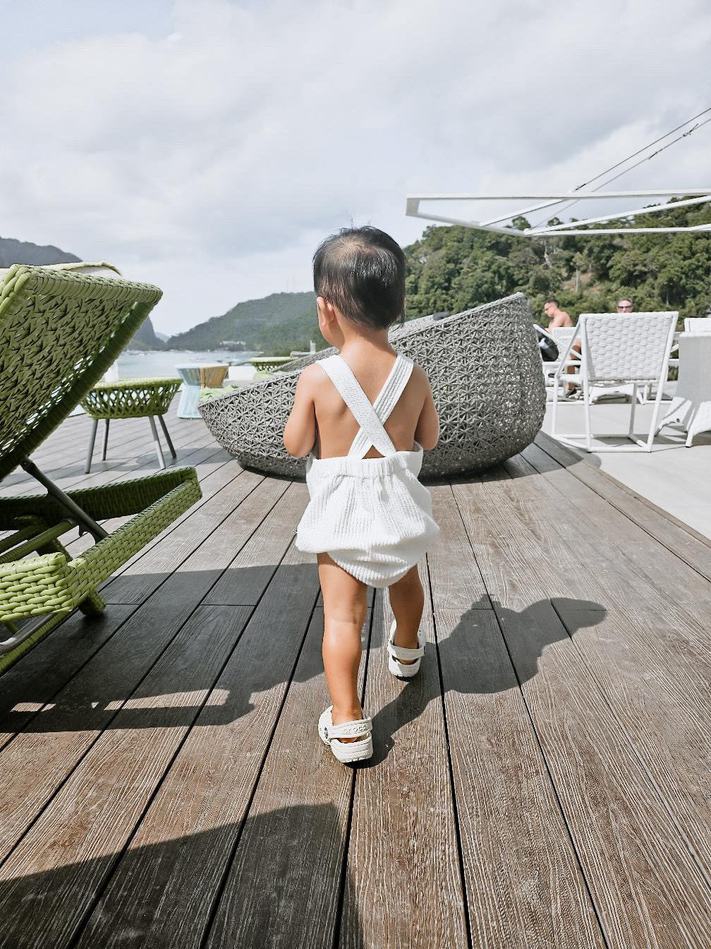 Moss Kids - White Cross Romper with Matching Bunny Ears Bonnet (CLEARANCE)