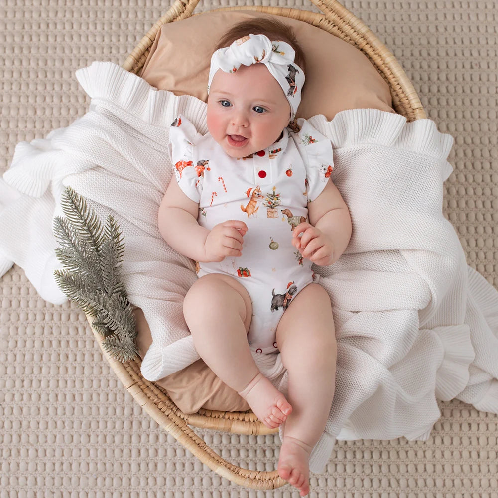 Snuggle Hunny Kids - Christmas Pups Short Sleeve Organic Bodysuit With Frill