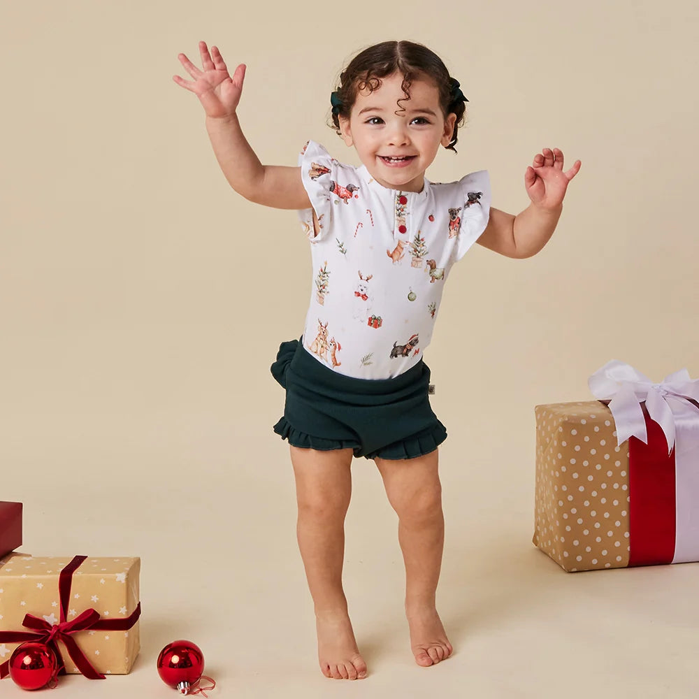 Snuggle Hunny Kids - Christmas Pups Short Sleeve Organic Bodysuit With Frill