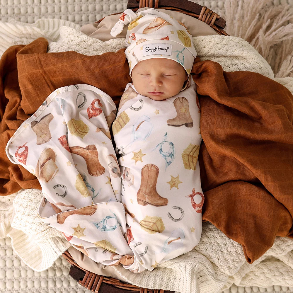 Snuggle Hunny Kids - Organic Baby Jersey Wrap & Beanie Set | Cowboys