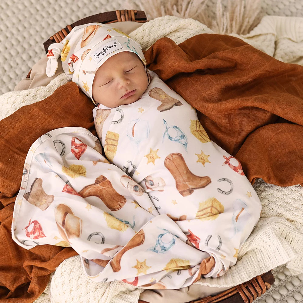 Snuggle Hunny Kids - Organic Baby Jersey Wrap & Beanie Set | Cowboys