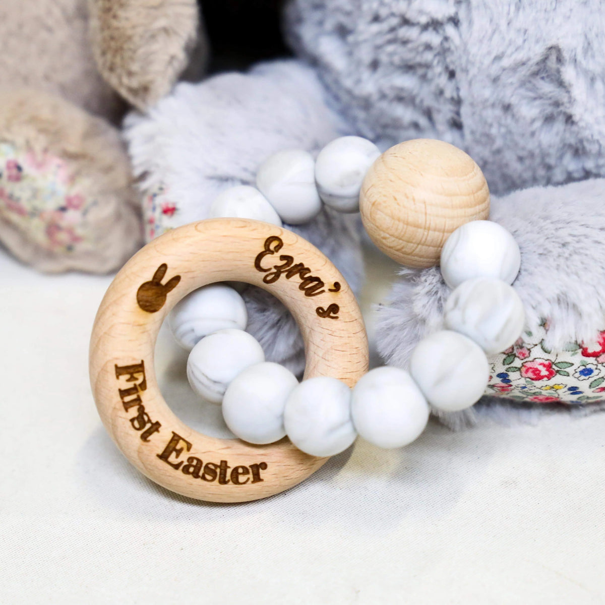 CMC GOLD - FIRST EASTER Silicone Teether with Personalised Beechwood Ring