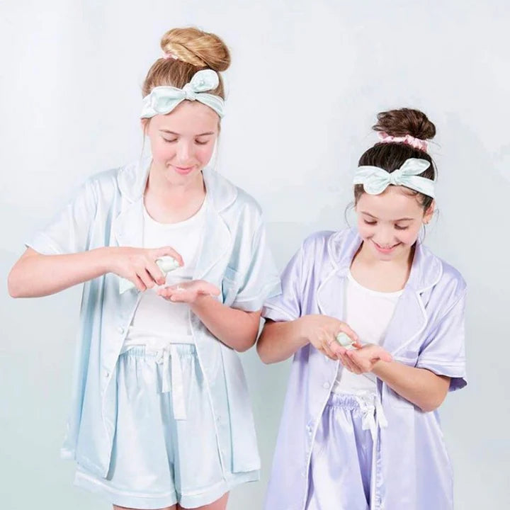 Midnight Mischief - Baby & Kids Luxe Satin Personalised Short Sleeve Pyjama Set | Blue & White