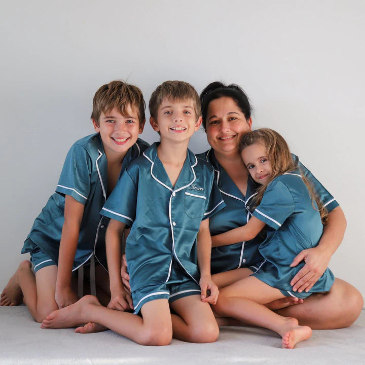 Midnight Mischief - Baby & Kids Luxe Satin Personalised Short Sleeve Pyjama Set | Teal & White