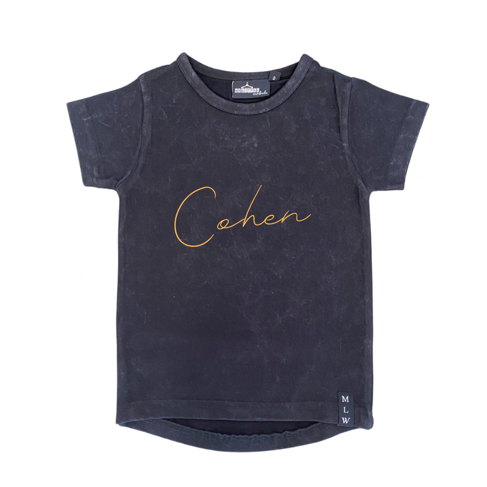 MLW By Design - Black Stonewash Gold Script Personalised Tee