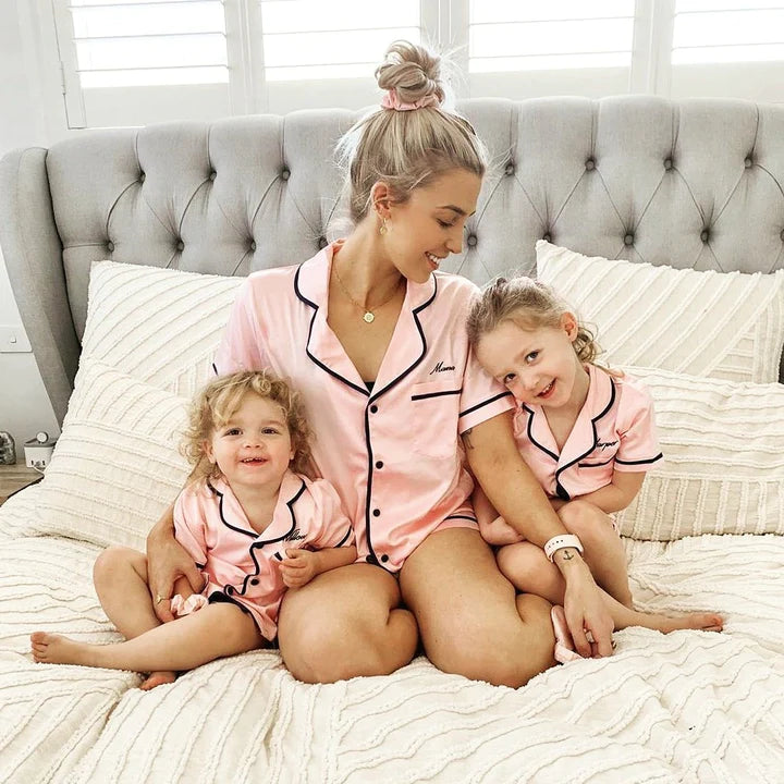Midnight Mischief - Baby & Kids Luxe Satin Personalised Short Sleeve Pyjama Set | Pink & Navy