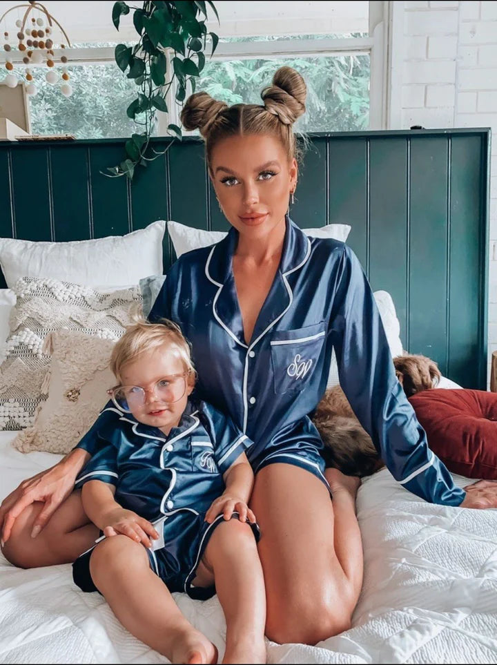 Midnight Mischief - Baby & Kids Luxe Satin Personalised Short Sleeve Pyjama Set | Navy & White