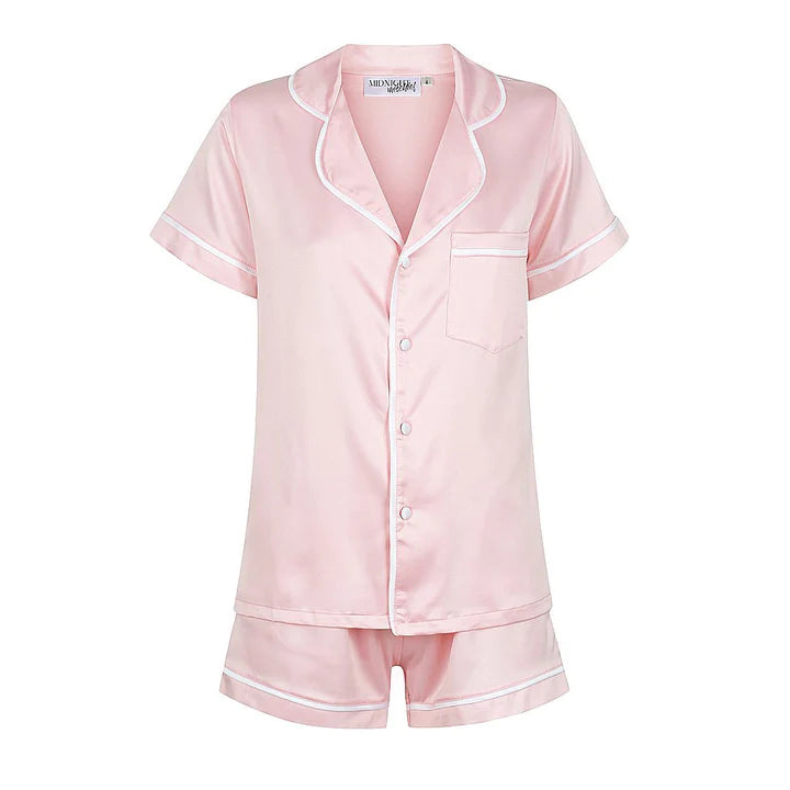 Midnight Mischief - Baby & Kids Luxe Satin Personalised Short Sleeve Pyjama Set | Bubble Gum Pink & White
