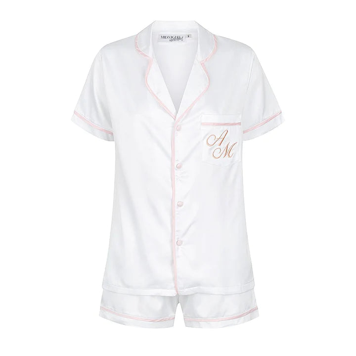 Midnight Mischief - Baby & Kids Luxe Satin Personalised Short Sleeve Pyjama Set | White & Baby Pink
