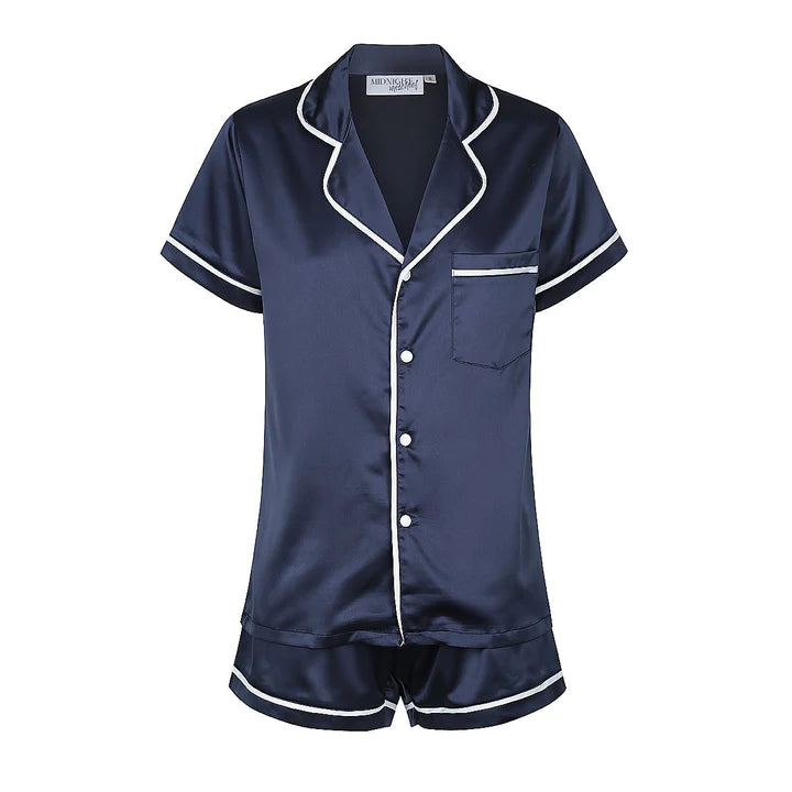Midnight Mischief - Baby & Kids Luxe Satin Personalised Short Sleeve Pyjama Set | Navy & White