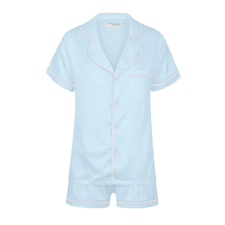 Midnight Mischief - Baby & Kids Luxe Satin Personalised Short Sleeve Pyjama Set | Blue & White