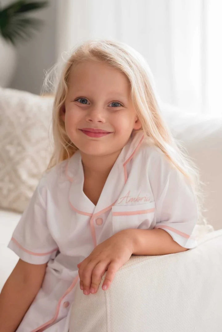 Midnight Mischief - Baby & Kids Luxe Satin Personalised Short Sleeve Pyjama Set | White & Baby Pink
