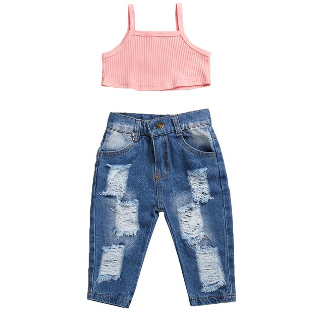 Ribbed Crop Jeans Set | Pink